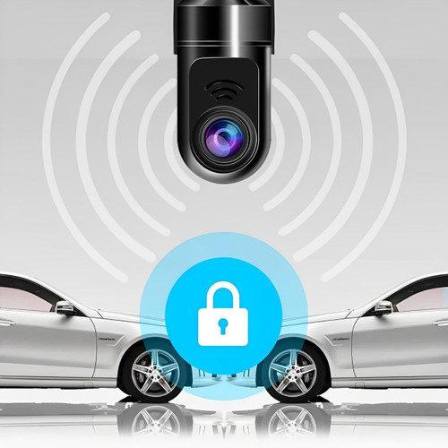 "Dashcam voiture intelligente, surveillance IA, caméra tableau de bord avec capteur avancé et ADAS, vue frontale détaillée."