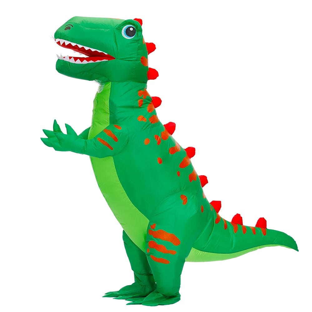 Déguisement dinosaure gonflable adulte. Costume amusant pour fêtes. Design réaliste et confortable.