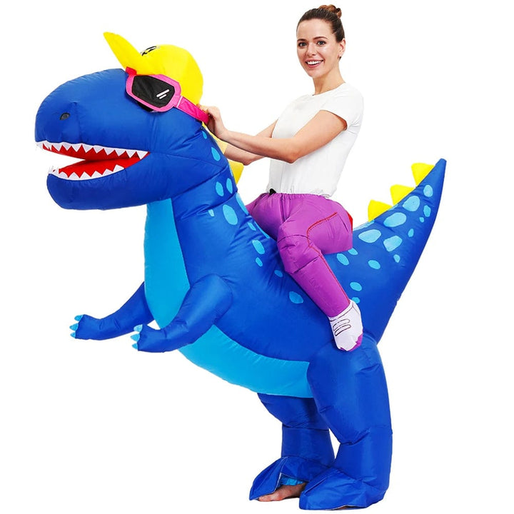 Déguisement dinosaure gonflable adulte. Costume amusant pour fêtes. Design réaliste et confortable.