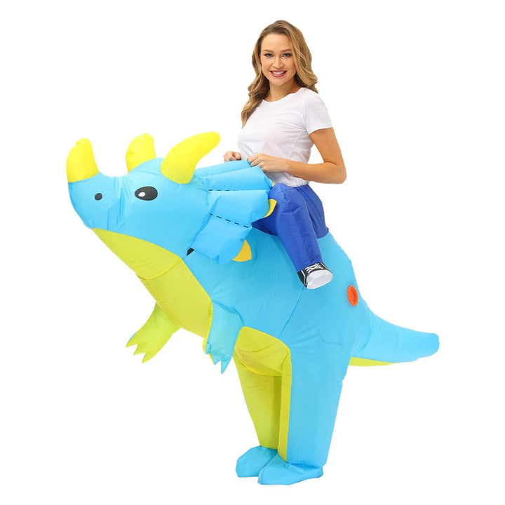 Déguisement dinosaure gonflable adulte. Costume amusant pour fêtes. Design réaliste et confortable.