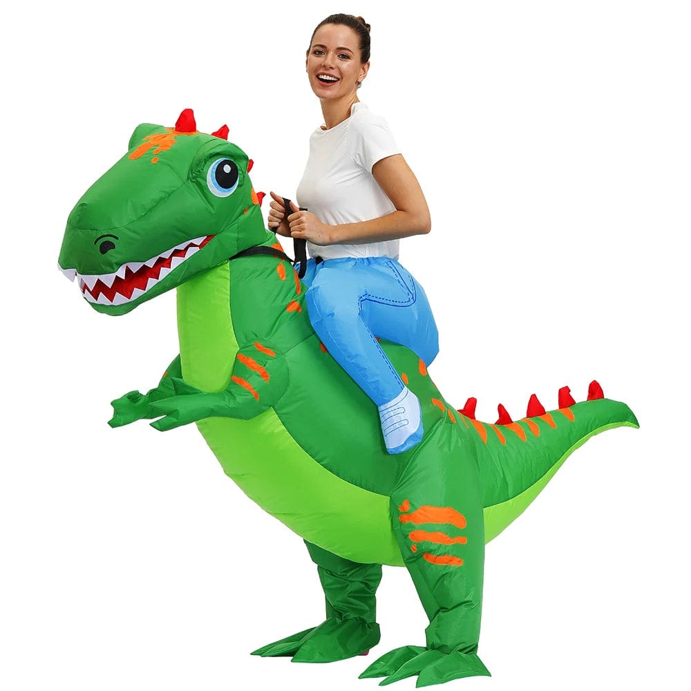 Déguisement dinosaure gonflable adulte. Costume amusant pour fêtes. Design réaliste et confortable.