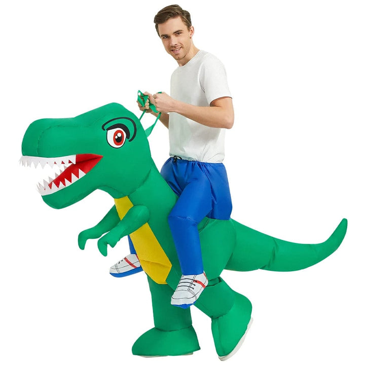 Déguisement dinosaure gonflable adulte. Costume amusant pour fêtes. Design réaliste et confortable.