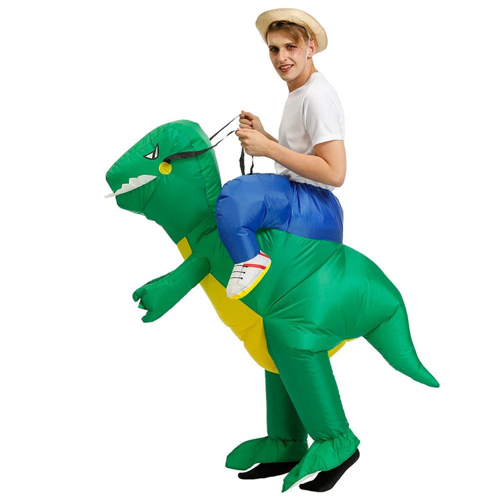 Déguisement dinosaure gonflable adulte. Costume amusant pour fêtes. Design réaliste et confortable.