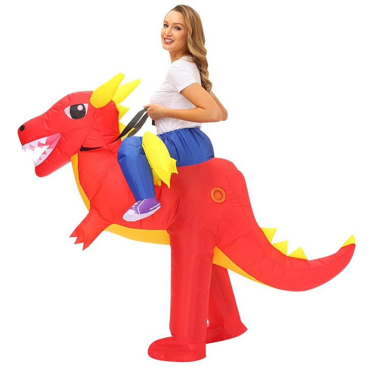 Déguisement dinosaure gonflable adulte. Costume amusant pour fêtes. Design réaliste et confortable.