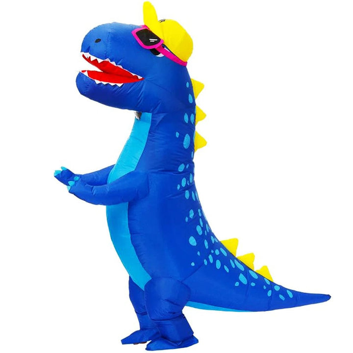 Déguisement dinosaure gonflable adulte. Costume amusant pour fêtes. Design réaliste et confortable.
