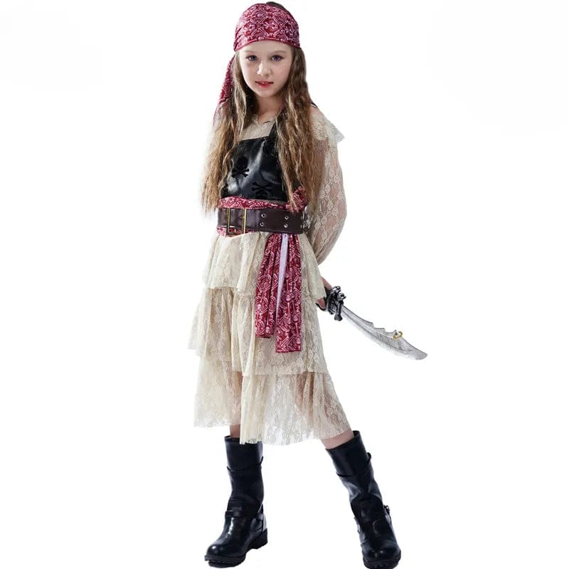 "Déguisement pirate fille, blouse rayée rouge, foulard noir, jambières assorties, look authentique enfant aventurier."