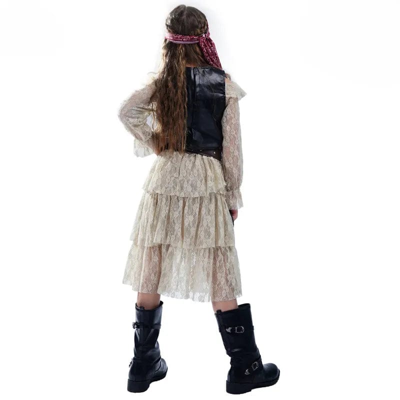 "Déguisement pirate fille, blouse rayée rouge, foulard noir, jambières assorties, look authentique enfant aventurier."