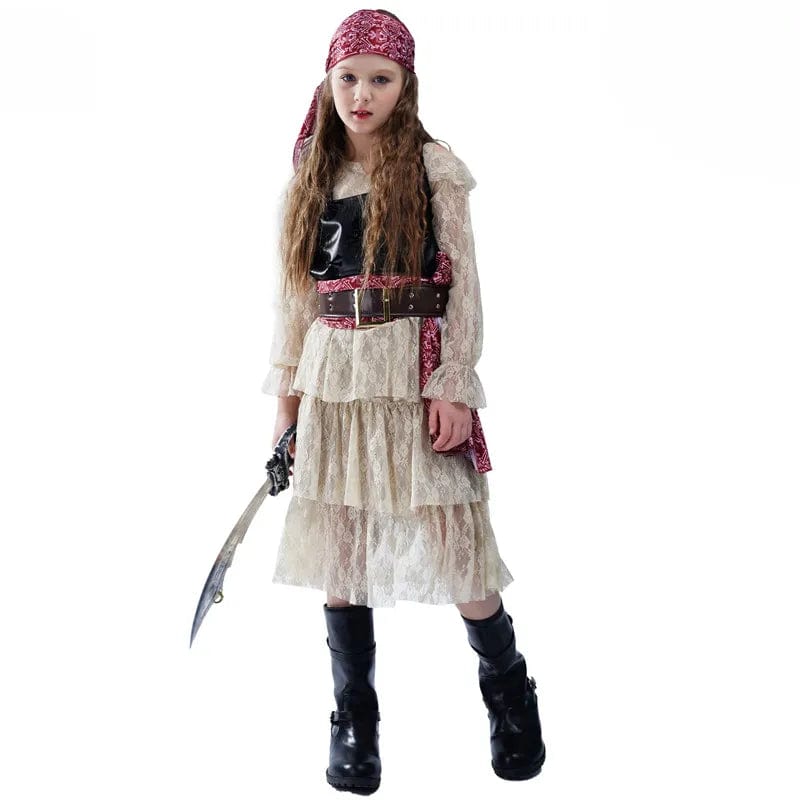 "Déguisement pirate fille, blouse rayée rouge, foulard noir, jambières assorties, look authentique enfant aventurier."
