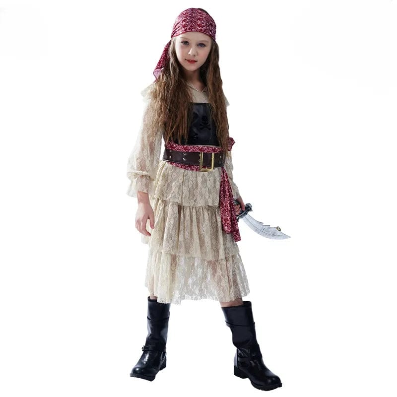 "Déguisement pirate fille, blouse rayée rouge, foulard noir, jambières assorties, look authentique enfant aventurier."