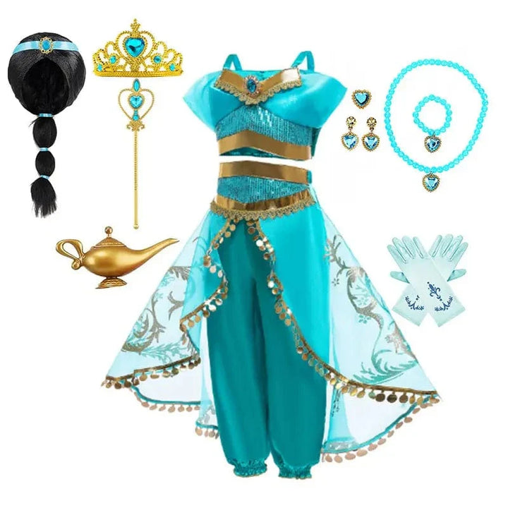 Déguisement princesse enfant: robe, couronne, accessoires. Costume complet luxe.