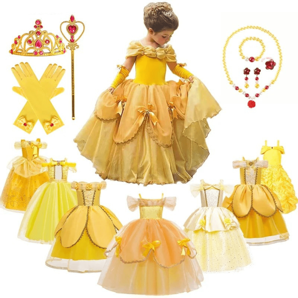 Déguisement princesse enfant, robe élégante avec couronne, sceptre & collier.  Costume enfant fête.