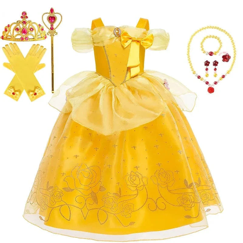 Déguisement princesse enfant, robe élégante avec couronne, sceptre & collier.  Costume enfant fête.