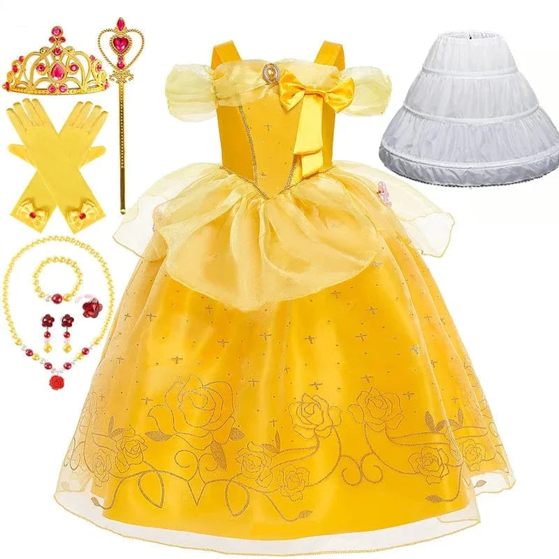 Déguisement princesse enfant, robe élégante avec couronne, sceptre & collier.  Costume enfant fête.