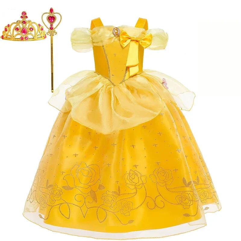 Déguisement princesse enfant, robe élégante avec couronne, sceptre & collier.  Costume enfant fête.