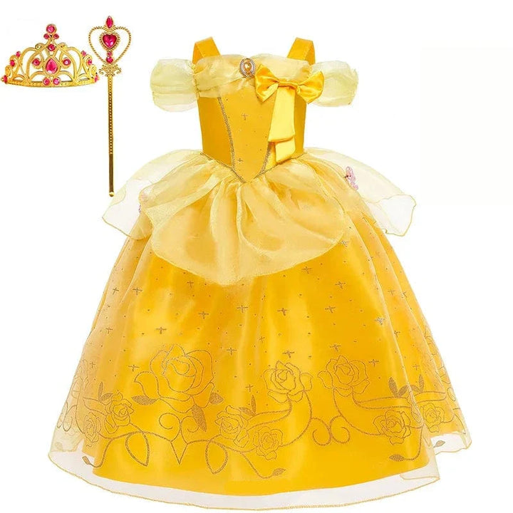 Déguisement princesse enfant, robe élégante avec couronne, sceptre & collier.  Costume enfant fête.