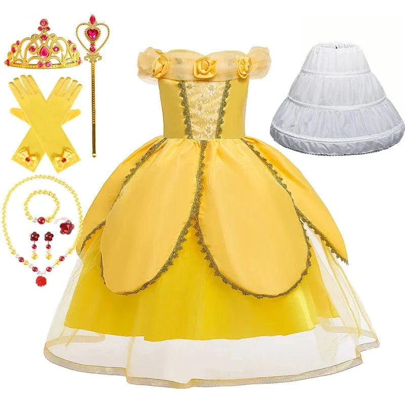 Déguisement princesse enfant, robe élégante avec couronne, sceptre & collier.  Costume enfant fête.