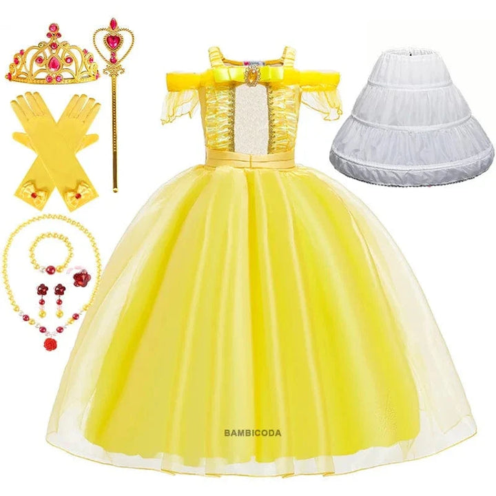 Déguisement princesse enfant, robe élégante avec couronne, sceptre & collier.  Costume enfant fête.