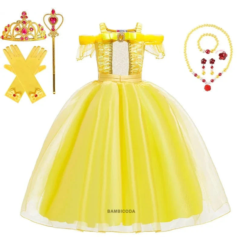 Déguisement princesse enfant, robe élégante avec couronne, sceptre & collier.  Costume enfant fête.