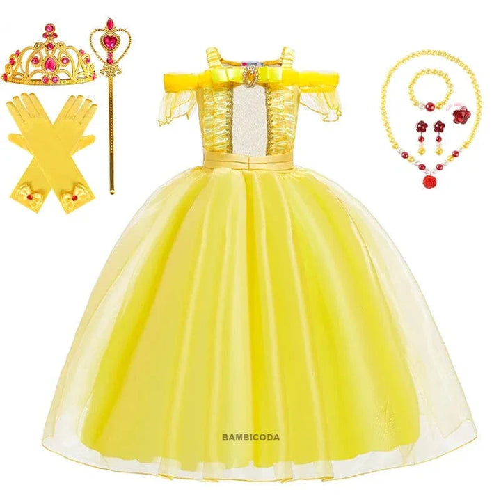 Déguisement princesse enfant, robe élégante avec couronne, sceptre & collier.  Costume enfant fête.