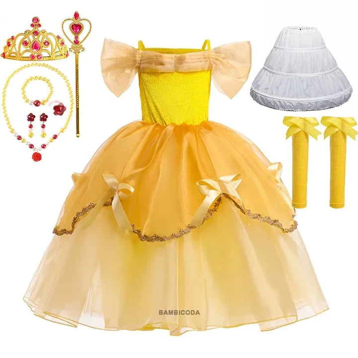 Déguisement princesse enfant, robe élégante avec couronne, sceptre & collier.  Costume enfant fête.