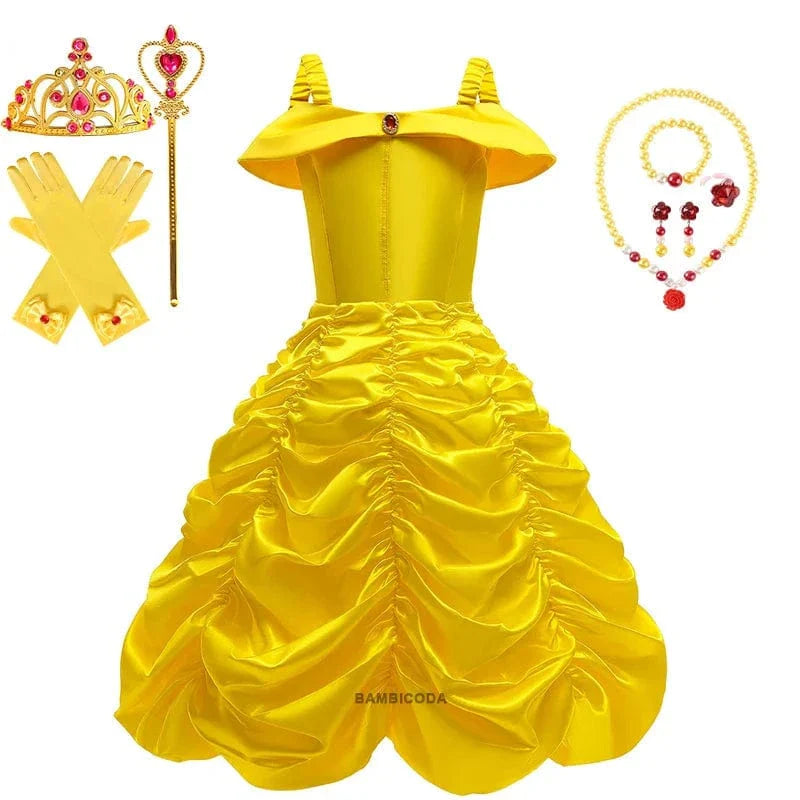 Déguisement princesse enfant, robe élégante avec couronne, sceptre & collier.  Costume enfant fête.