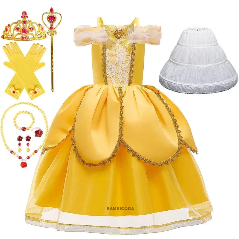 Déguisement princesse enfant, robe élégante avec couronne, sceptre & collier.  Costume enfant fête.