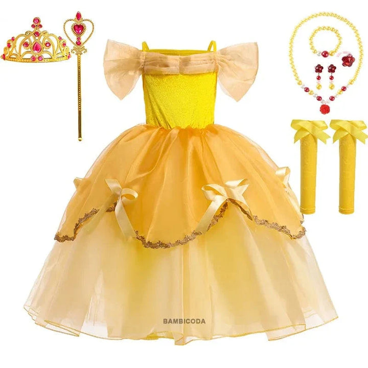 Déguisement princesse enfant, robe élégante avec couronne, sceptre & collier.  Costume enfant fête.