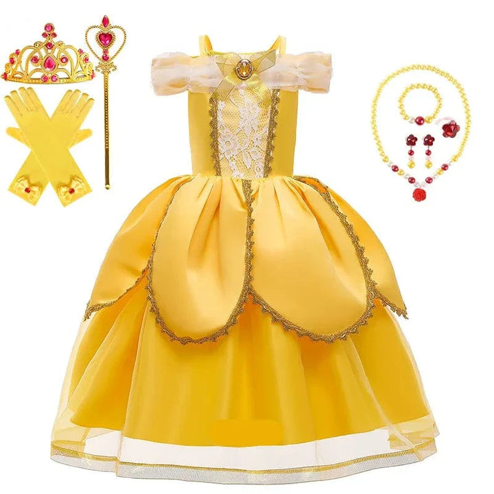 Déguisement princesse enfant, robe élégante avec couronne, sceptre & collier.  Costume enfant fête.