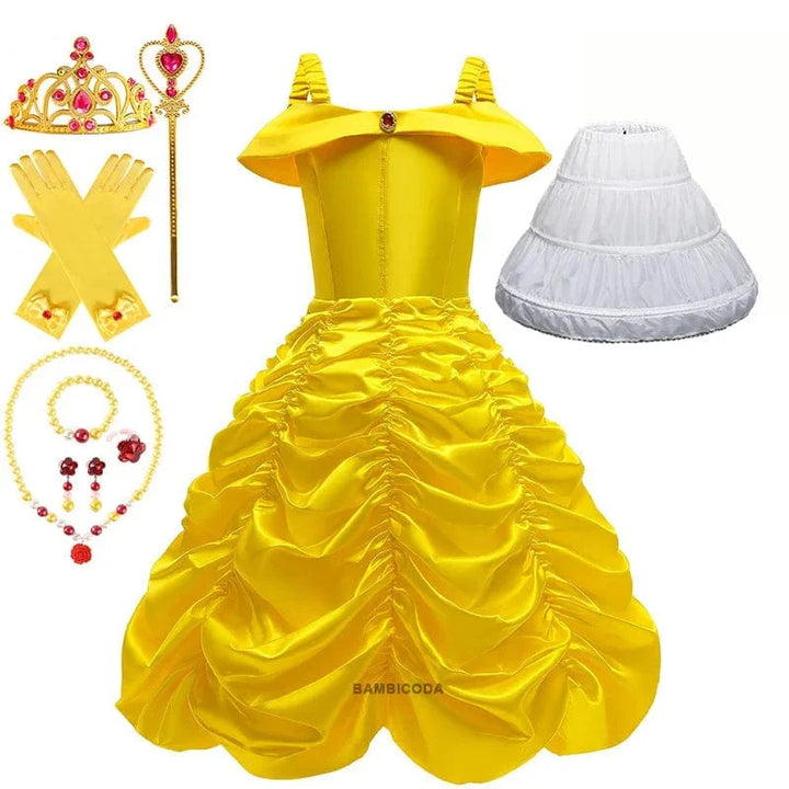 Déguisement princesse enfant, robe élégante avec couronne, sceptre & collier.  Costume enfant fête.