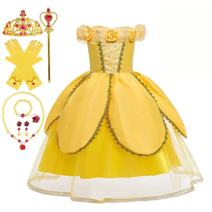Déguisement princesse enfant, robe élégante avec couronne, sceptre & collier.  Costume enfant fête.