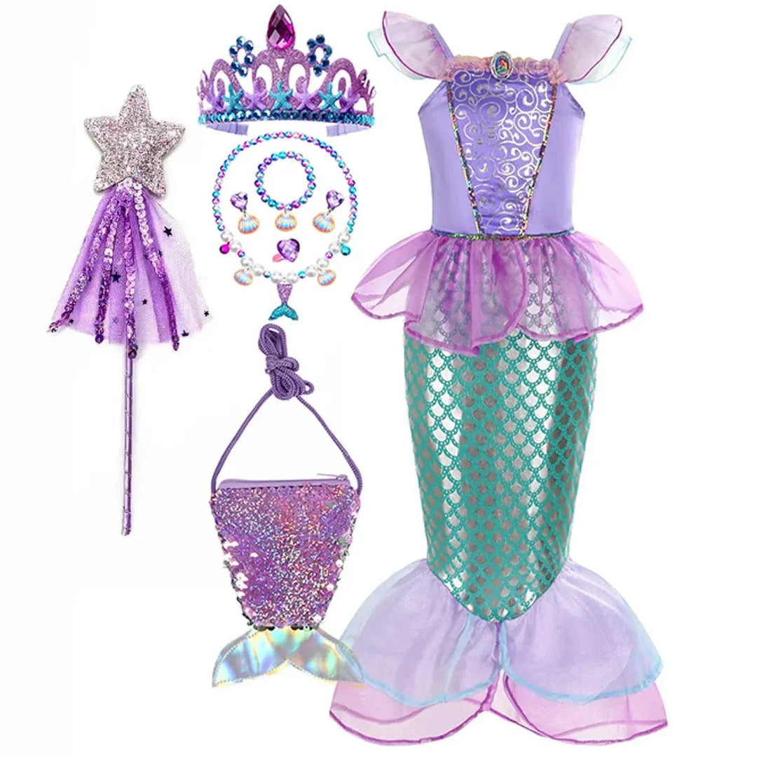 "Déguisement sirène enfant, robe scintillante avec écailles vertes, idéale pour anniversaire ou carnaval, Ariel inspiré."