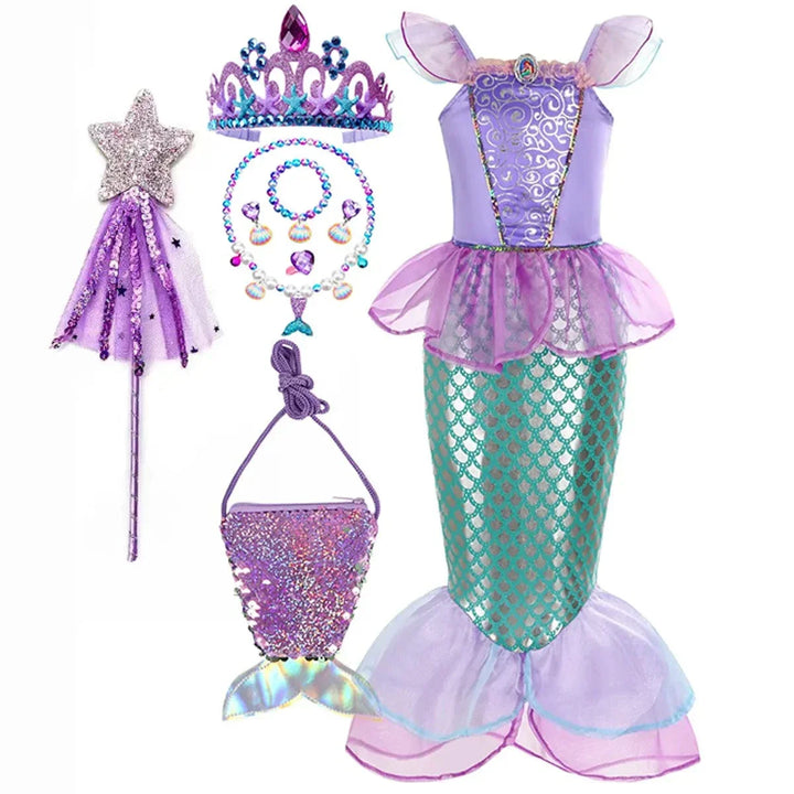 "Déguisement sirène enfant, robe scintillante avec écailles vertes, idéale pour anniversaire ou carnaval, Ariel inspiré."