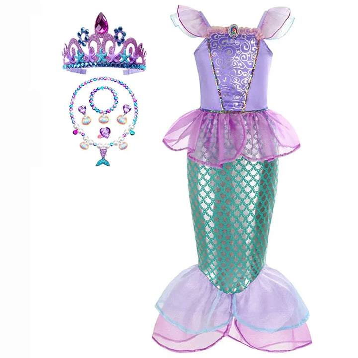 "Déguisement sirène enfant, robe scintillante avec écailles vertes, idéale pour anniversaire ou carnaval, Ariel inspiré."