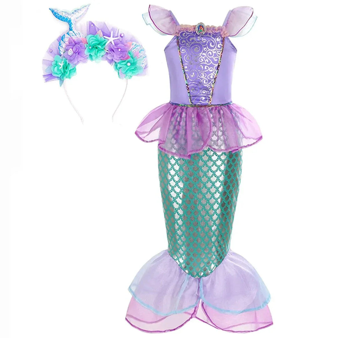 "Déguisement sirène enfant, robe scintillante avec écailles vertes, idéale pour anniversaire ou carnaval, Ariel inspiré."