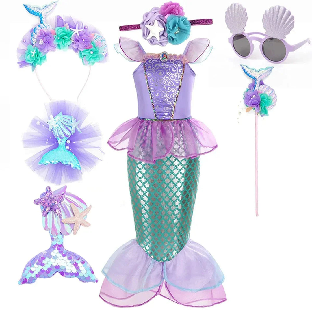 "Déguisement sirène enfant, robe scintillante avec écailles vertes, idéale pour anniversaire ou carnaval, Ariel inspiré."