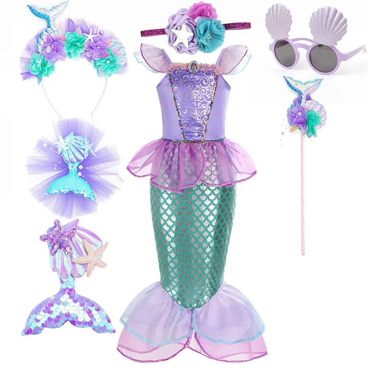 "Déguisement sirène enfant, robe scintillante avec écailles vertes, idéale pour anniversaire ou carnaval, Ariel inspiré."