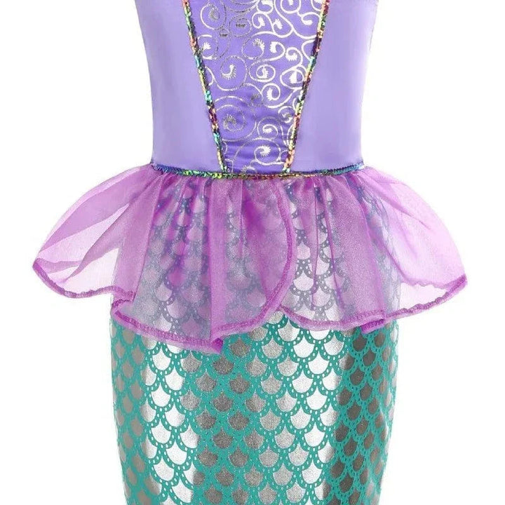 "Déguisement sirène enfant, robe scintillante avec écailles vertes, idéale pour anniversaire ou carnaval, Ariel inspiré."