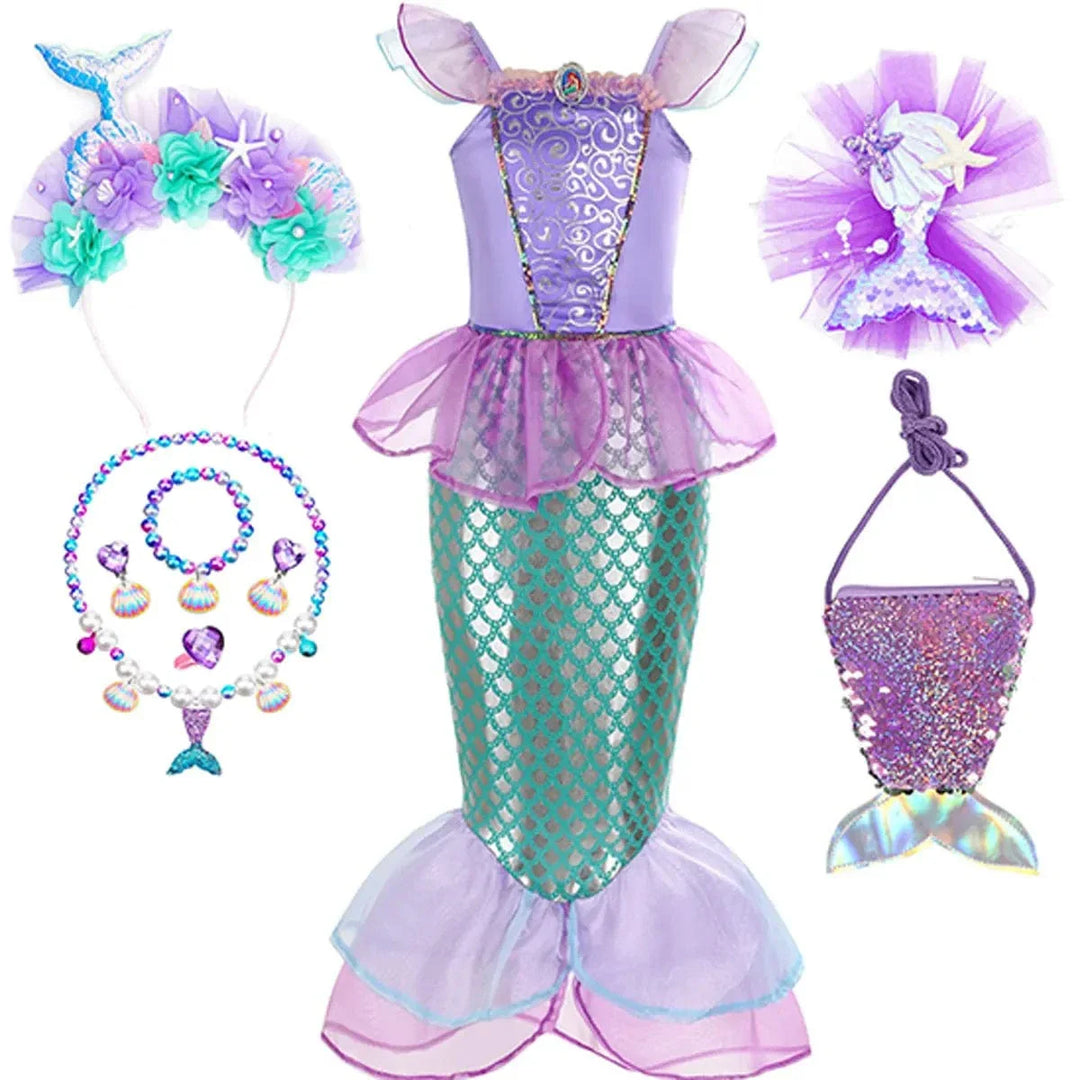 "Déguisement sirène enfant, robe scintillante avec écailles vertes, idéale pour anniversaire ou carnaval, Ariel inspiré."
