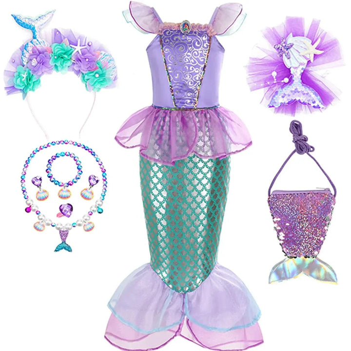 "Déguisement sirène enfant, robe scintillante avec écailles vertes, idéale pour anniversaire ou carnaval, Ariel inspiré."