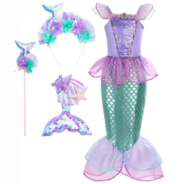 "Déguisement sirène enfant, robe scintillante avec écailles vertes, idéale pour anniversaire ou carnaval, Ariel inspiré."