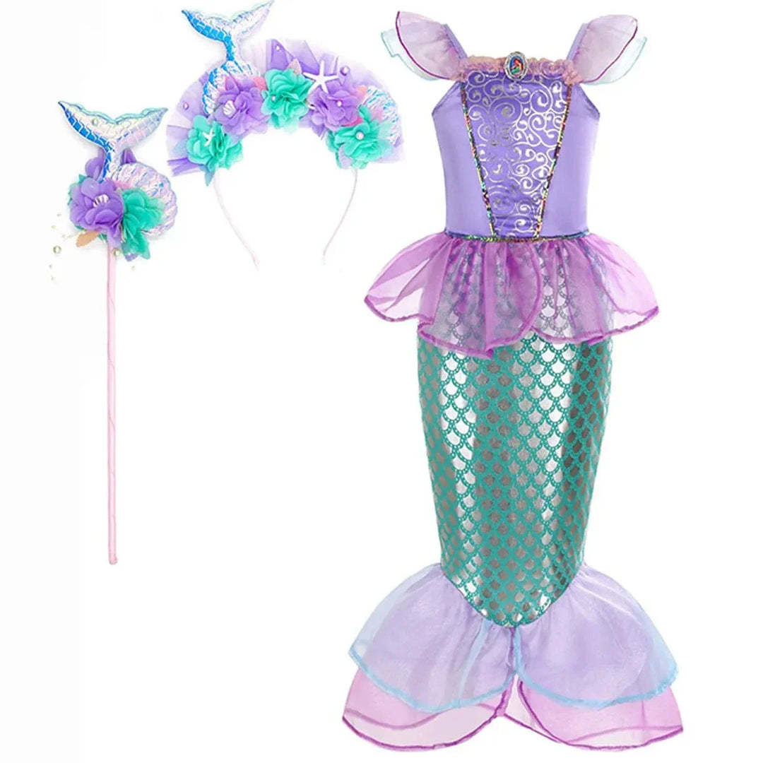 "Déguisement sirène enfant, robe scintillante avec écailles vertes, idéale pour anniversaire ou carnaval, Ariel inspiré."
