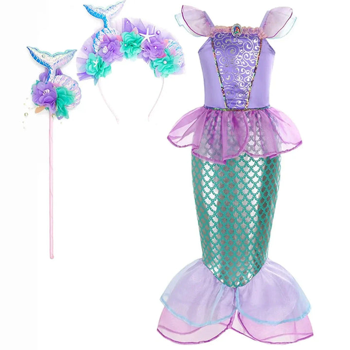 "Déguisement sirène enfant, robe scintillante avec écailles vertes, idéale pour anniversaire ou carnaval, Ariel inspiré."