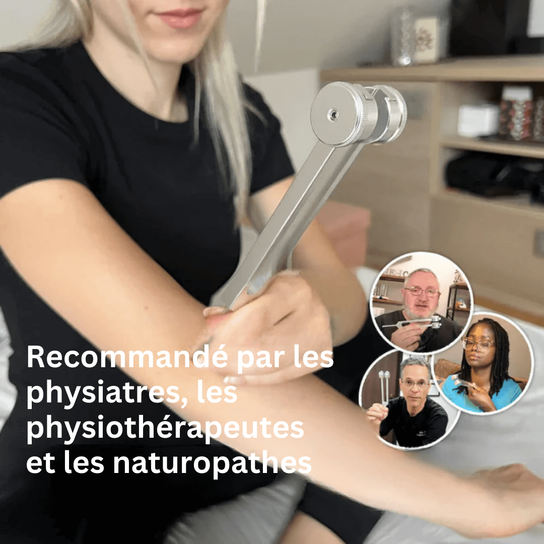 Diapason thérapeutique harmonique 128Hz en métal lisse, relaxation sonore pour bien-être et équilibre intérieur.