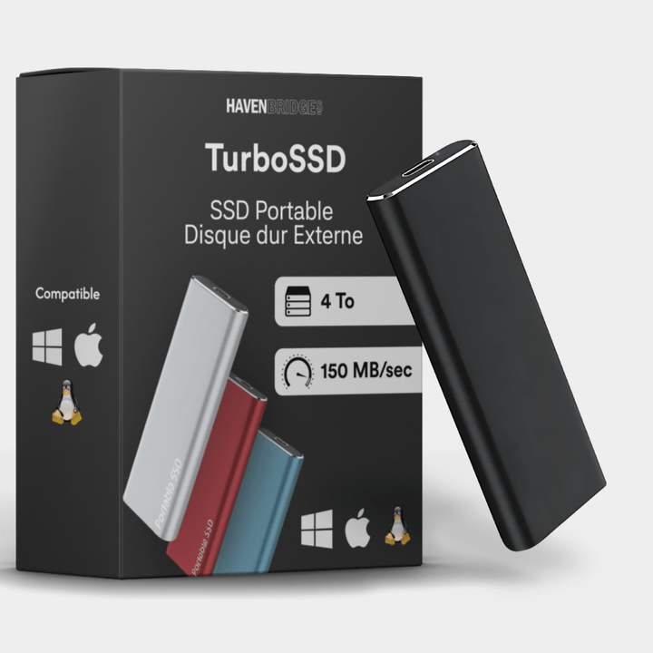 Disque SSD externe 4To, ultra-rapide. Design élégant et compact, idéal pour stocker et transporter vos données.
