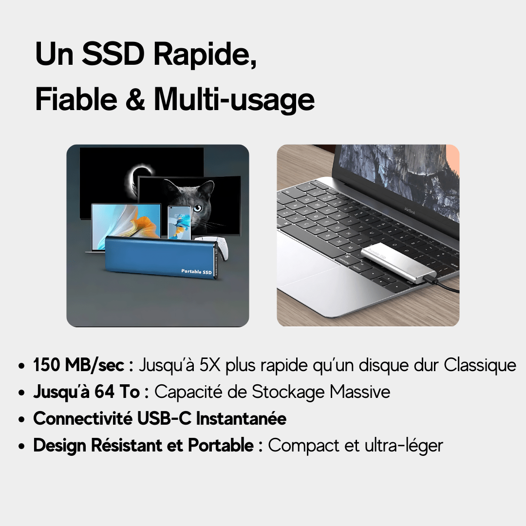 Disque SSD externe 4To, ultra-rapide. Design élégant et compact, idéal pour stocker et transporter vos données.