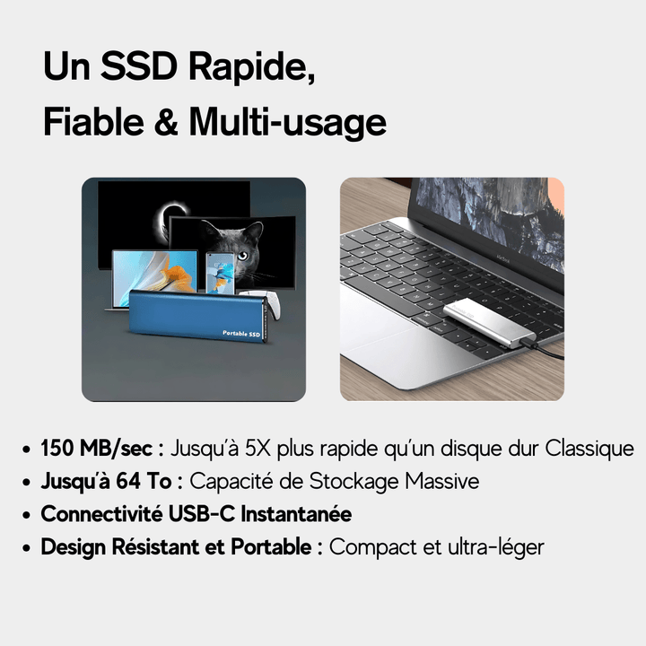 Disque SSD externe 4To, ultra-rapide. Design élégant et compact, idéal pour stocker et transporter vos données.