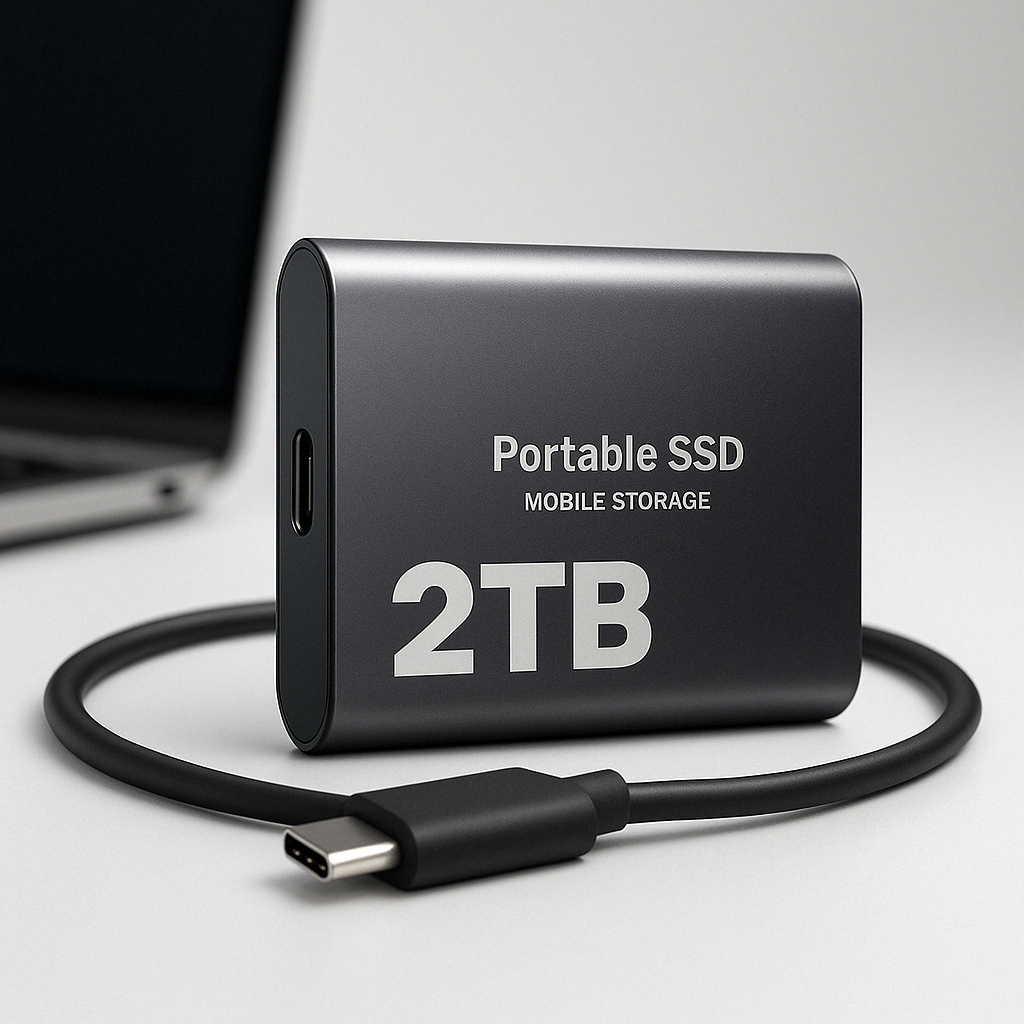 Disque SSD portable USB-C 2To ultra-rapide pour stockage et sauvegarde de données informatiques.