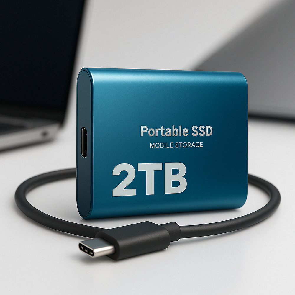 SSD externe compact 2To, stockage rapide USB-C pour transfert de fichiers et sauvegarde sécurisée.