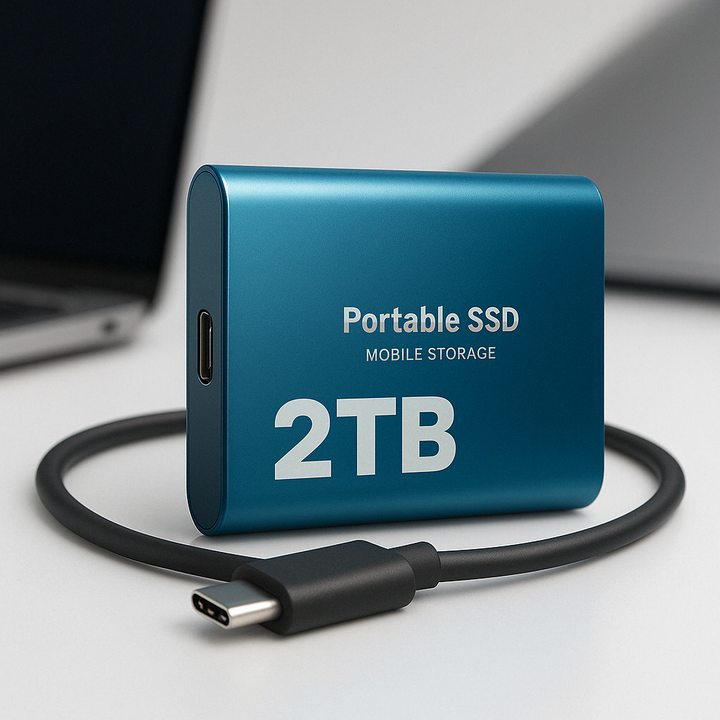 SSD externe compact 2To, stockage rapide USB-C pour transfert de fichiers et sauvegarde sécurisée.