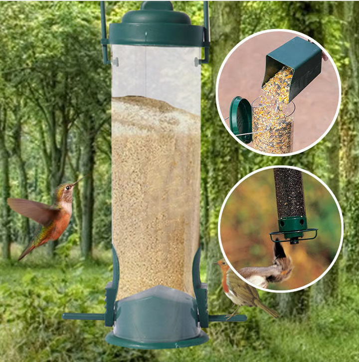 "Distributeur de graines robuste et antiecureuil pour jardin, design innovant garantissant l'accès uniquement aux oiseaux."